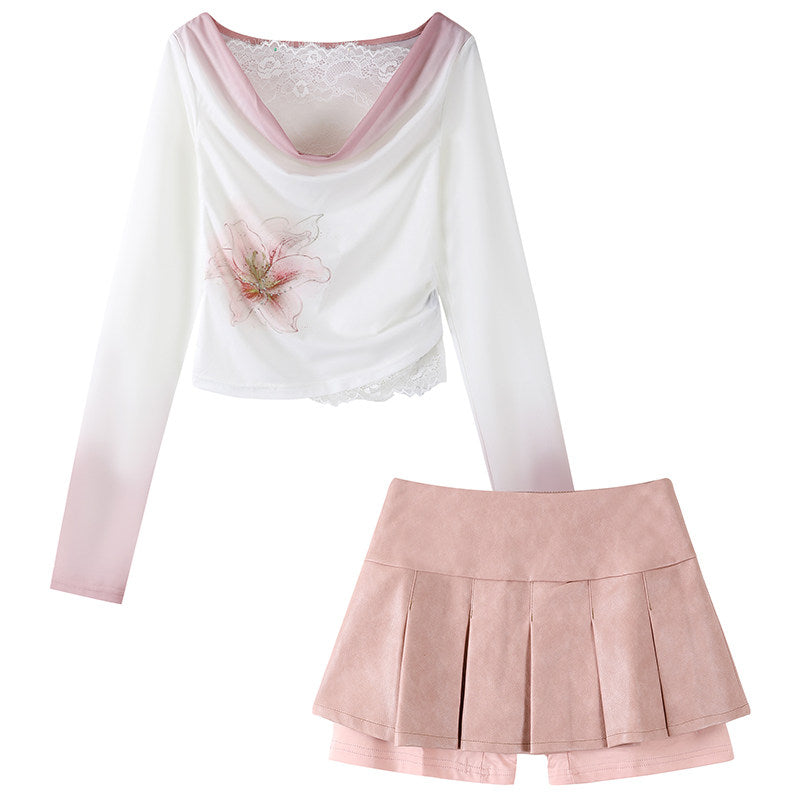 Charming Lace Trim Top Pleated A-Line Mini Skirt Y2K Revival Ombre Pink Lily Print Two-Piece Short Dress AP7187