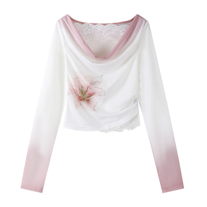 Charming Lace Trim Top Pleated A-Line Mini Skirt Y2K Revival Ombre Pink Lily Print Two-Piece Short Dress AP7187