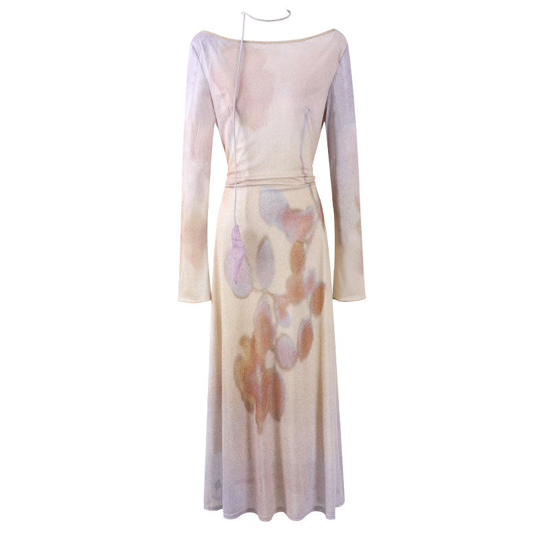Flowy Boat Neck Tie Back Draped Maxi Dress Chic Soft Pastel Abstract Blob Print Long Sleeve A-Line Long Dress AP7188