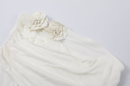 Adorable Chiffon Floral Applique A-Line Maxi Dresses Coastal Grandmother White Two-Piece Strapless Ruched Top Long Dress AP7189