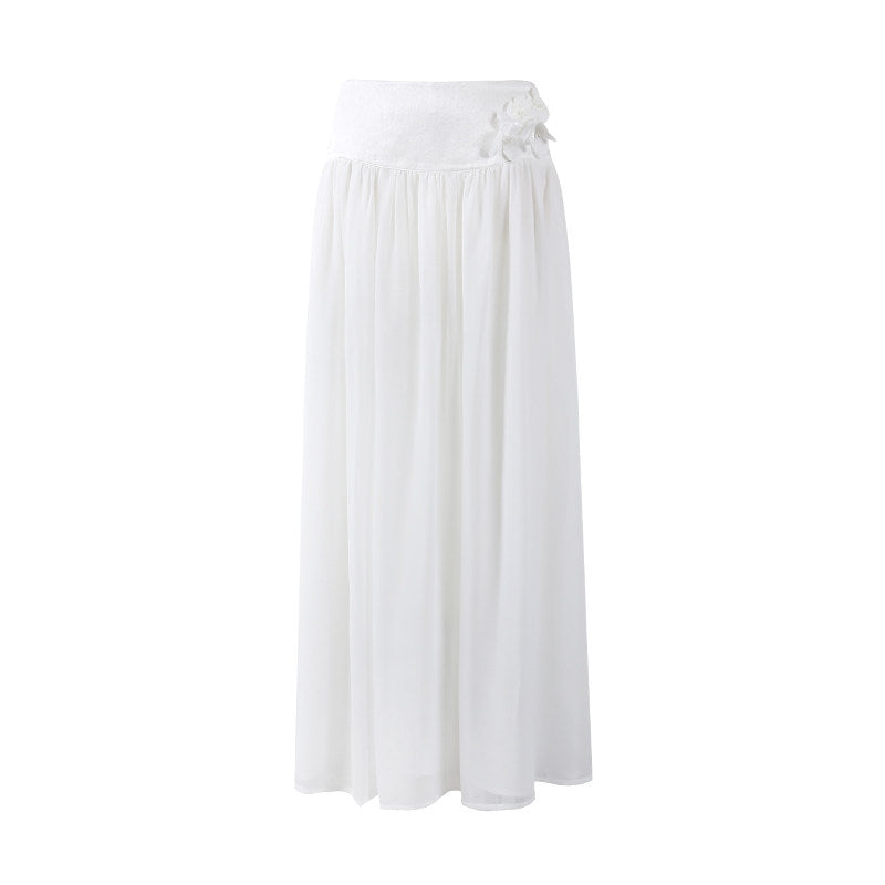 Adorable Chiffon Floral Applique A-Line Maxi Dresses Coastal Grandmother White Two-Piece Strapless Ruched Top Long Dress AP7189