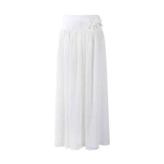 Adorable Chiffon Floral Applique A-Line Maxi Dresses Coastal Grandmother White Two-Piece Strapless Ruched Top Long Dress AP7189