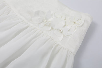 Adorable Chiffon Floral Applique A-Line Maxi Dresses Coastal Grandmother White Two-Piece Strapless Ruched Top Long Dress AP7189