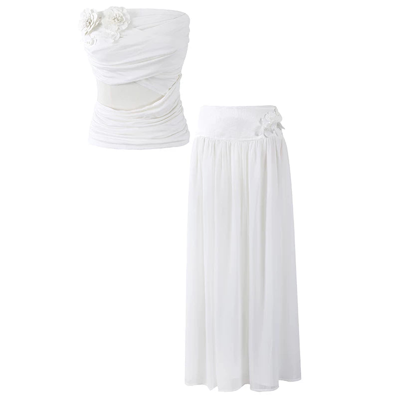 Adorable Chiffon Floral Applique A-Line Maxi Dresses Coastal Grandmother White Two-Piece Strapless Ruched Top Long Dress AP7189