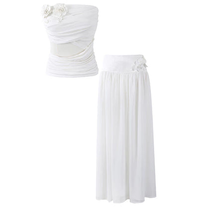 Adorable Chiffon Floral Applique A-Line Maxi Dresses Coastal Grandmother White Two-Piece Strapless Ruched Top Long Dress AP7189