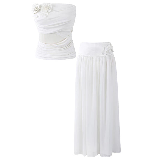 Adorable Chiffon Floral Applique A-Line Maxi Dresses Coastal Grandmother White Two-Piece Strapless Ruched Top Long Dress AP7189