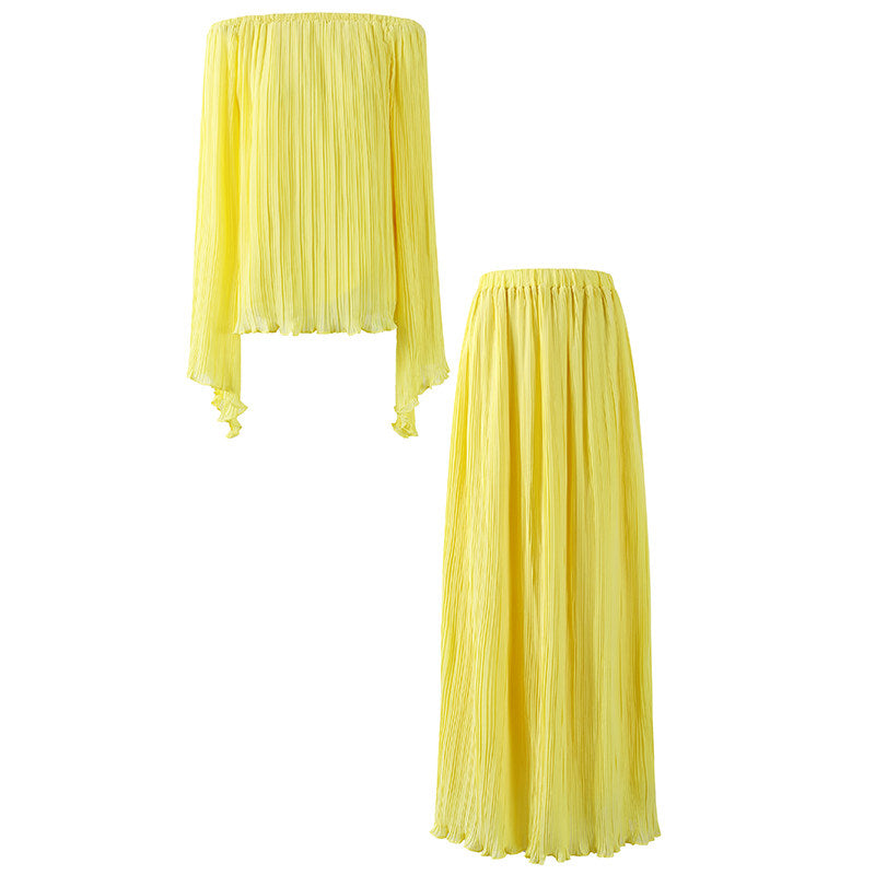 Playful  Off-Shoulder Long Sleeve Top A-Line Maxi Dresses Chic Lemon Yellow Pleated Chiffon Two Piece Long Dress AP7190
