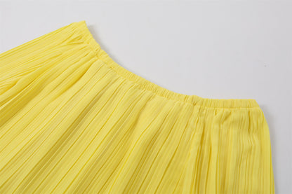 Playful  Off-Shoulder Long Sleeve Top A-Line Maxi Dresses Chic Lemon Yellow Pleated Chiffon Two Piece Long Dress AP7190