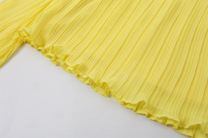 Playful  Off-Shoulder Long Sleeve Top A-Line Maxi Dresses Chic Lemon Yellow Pleated Chiffon Two Piece Long Dress AP7190