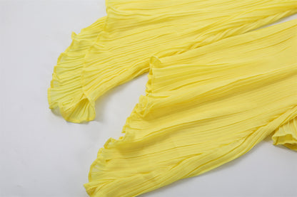 Playful  Off-Shoulder Long Sleeve Top A-Line Maxi Dresses Chic Lemon Yellow Pleated Chiffon Two Piece Long Dress AP7190