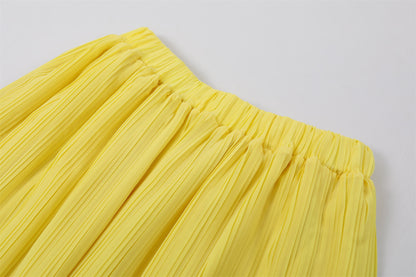 Playful  Off-Shoulder Long Sleeve Top A-Line Maxi Dresses Chic Lemon Yellow Pleated Chiffon Two Piece Long Dress AP7190