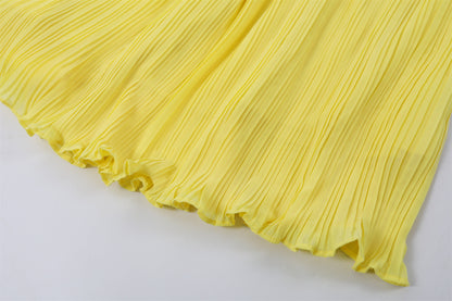 Playful  Off-Shoulder Long Sleeve Top A-Line Maxi Dresses Chic Lemon Yellow Pleated Chiffon Two Piece Long Dress AP7190