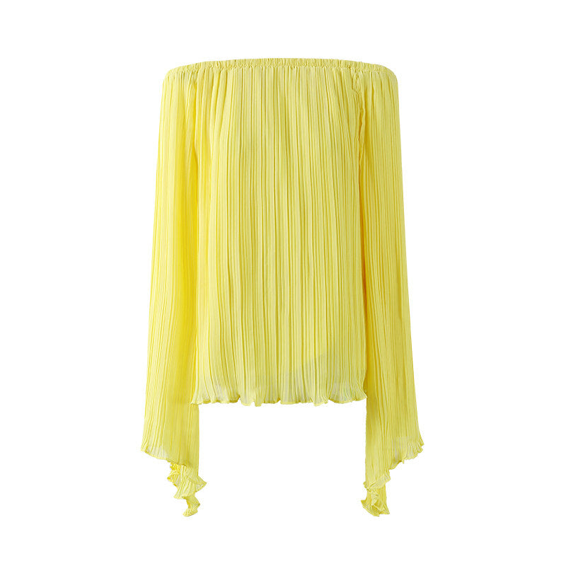 Playful  Off-Shoulder Long Sleeve Top A-Line Maxi Dresses Chic Lemon Yellow Pleated Chiffon Two Piece Long Dress AP7190