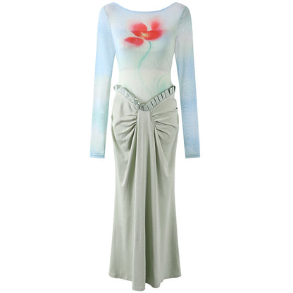 Stylish Boat Neck Red Floral Print Mermaid Maxi Dress Y2K Revival Gradient Mesh Ruched Ruffle Waist Long Dress AP7191