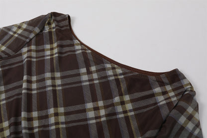 Fitted Long Sleeves Jewel Neck A-Line Maxi Dress Vintage Inspired Plaid Mesh Ruched Waist Long Dress AP7192