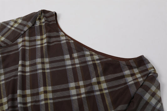 Fitted Long Sleeves Jewel Neck A-Line Maxi Dress Vintage Inspired Plaid Mesh Ruched Waist Long Dress AP7192