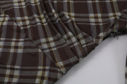 Fitted Long Sleeves Jewel Neck A-Line Maxi Dress Vintage Inspired Plaid Mesh Ruched Waist Long Dress AP7192