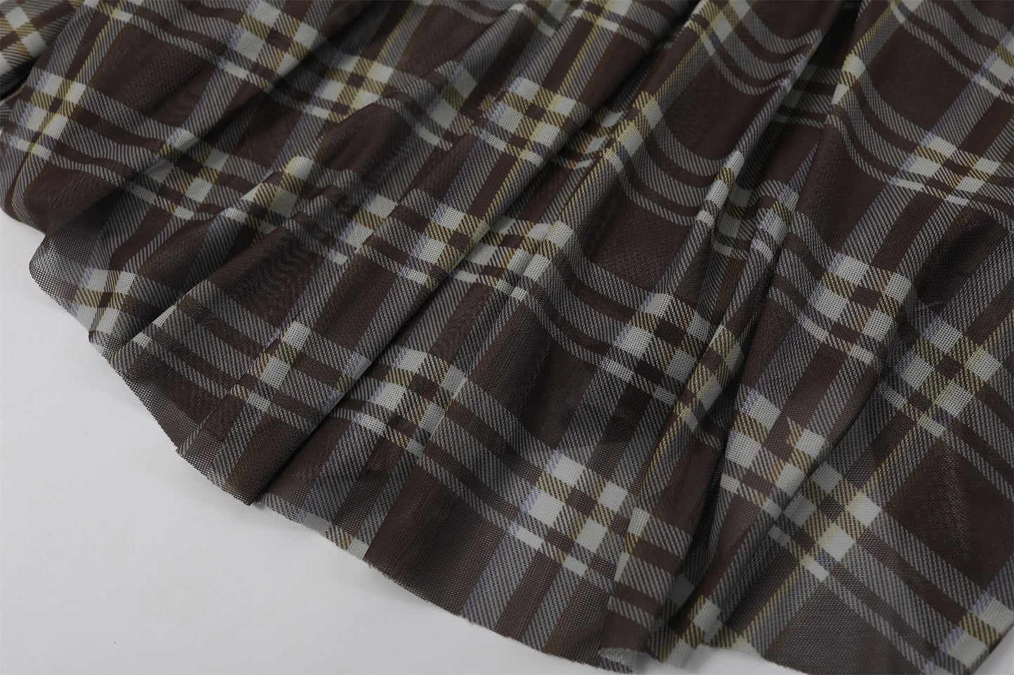 Fitted Long Sleeves Jewel Neck A-Line Maxi Dress Vintage Inspired Plaid Mesh Ruched Waist Long Dress AP7192
