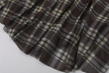 Fitted Long Sleeves Jewel Neck A-Line Maxi Dress Vintage Inspired Plaid Mesh Ruched Waist Long Dress AP7192
