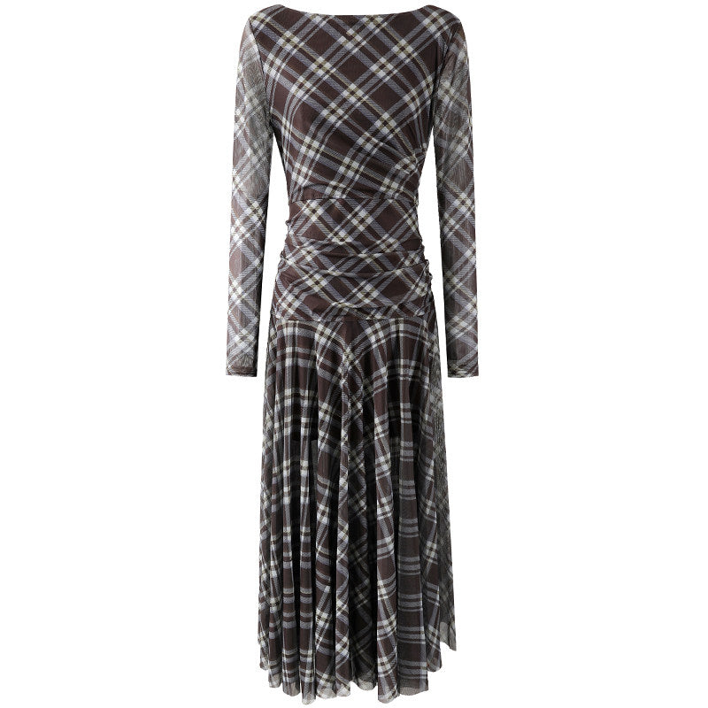Fitted Long Sleeves Jewel Neck A-Line Maxi Dress Vintage Inspired Plaid Mesh Ruched Waist Long Dress AP7192
