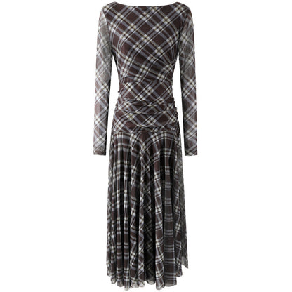 Fitted Long Sleeves Jewel Neck A-Line Maxi Dress Vintage Inspired Plaid Mesh Ruched Waist Long Dress AP7192