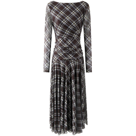 Fitted Long Sleeves Jewel Neck A-Line Maxi Dress Vintage Inspired Plaid Mesh Ruched Waist Long Dress AP7192