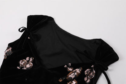 Flattering Sequin Floral Print A-Line Maxi Skirt Elegant Black Velvet V Neck Ruched Waist Long Dress AP7193