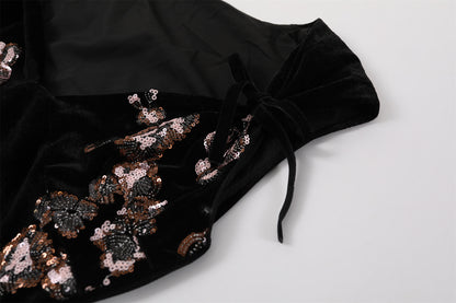 Flattering Sequin Floral Print A-Line Maxi Skirt Elegant Black Velvet V Neck Ruched Waist Long Dress AP7193