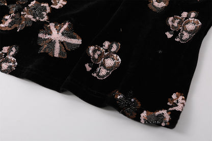 Flattering Sequin Floral Print A-Line Maxi Skirt Elegant Black Velvet V Neck Ruched Waist Long Dress AP7193