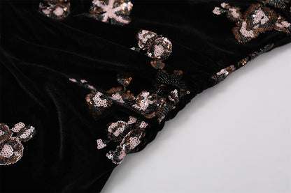 Flattering Sequin Floral Print A-Line Maxi Skirt Elegant Black Velvet V Neck Ruched Waist Long Dress AP7193
