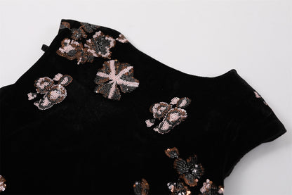 Flattering Sequin Floral Print A-Line Maxi Skirt Elegant Black Velvet V Neck Ruched Waist Long Dress AP7193