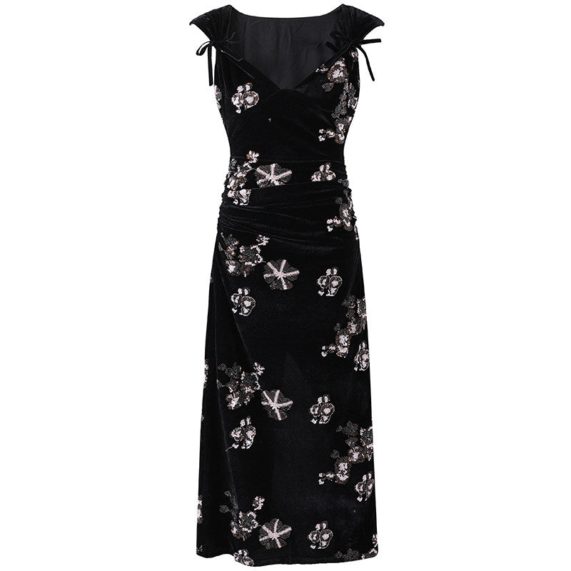 Flattering Sequin Floral Print A-Line Maxi Skirt Elegant Black Velvet V Neck Ruched Waist Long Dress AP7193