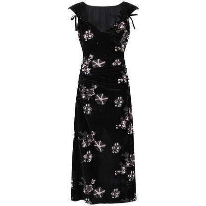 Flattering Sequin Floral Print A-Line Maxi Skirt Elegant Black Velvet V Neck Ruched Waist Long Dress AP7193