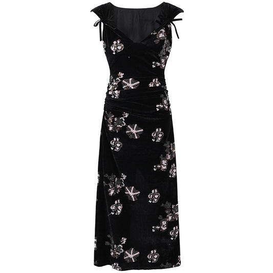 Flattering Sequin Floral Print A-Line Maxi Skirt Elegant Black Velvet V Neck Ruched Waist Long Dress AP7193