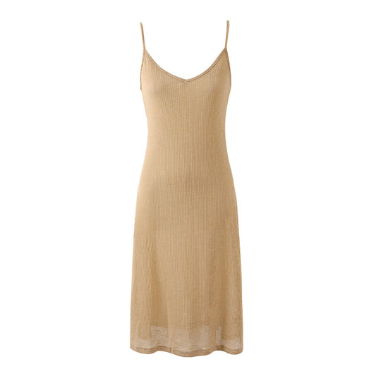 Trendy Ruffle Front V Neck A-Line Maxi Dress With Lining Soft Girl Beige Knit Long Dress AP7194