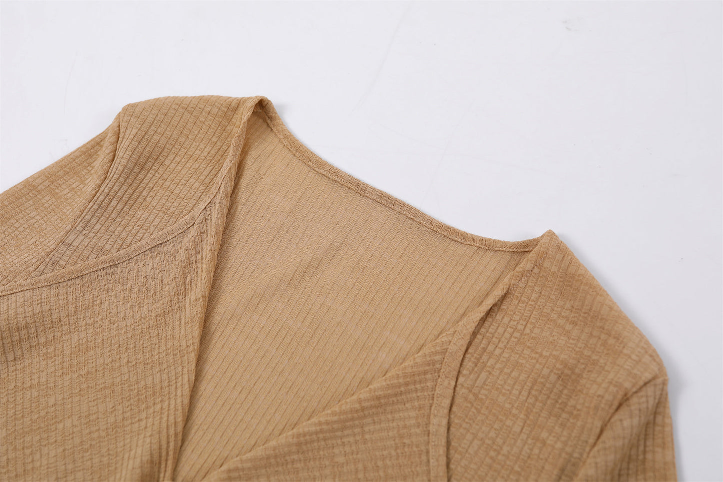 Trendy Ruffle Front V Neck A-Line Maxi Dress With Lining Soft Girl Beige Knit Long Dress AP7194