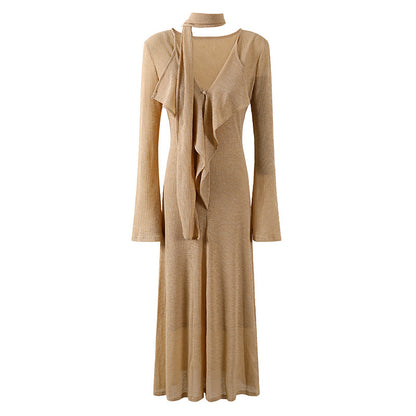 Trendy Ruffle Front V Neck A-Line Maxi Dress With Lining Soft Girl Beige Knit Long Dress AP7194