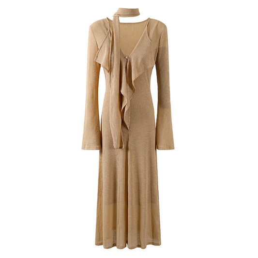 Trendy Ruffle Front V Neck A-Line Maxi Dress With Lining Soft Girl Beige Knit Long Dress AP7194