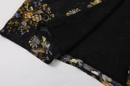 Attractive Spaghetti Straps Side Slit Long Dress Boho Black Sheer Mesh Floral Sheath Maxi Dress AP7195