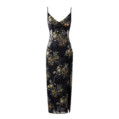 Attractive Spaghetti Straps Side Slit Long Dress Boho Black Sheer Mesh Floral Sheath Maxi Dress AP7195