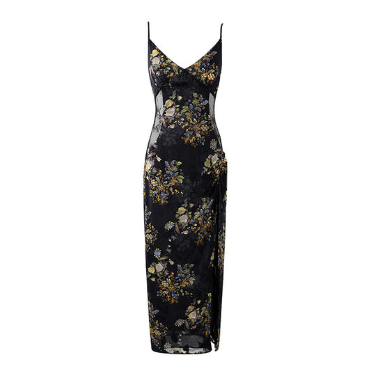 Attractive Spaghetti Straps Side Slit Long Dress Boho Black Sheer Mesh Floral Sheath Maxi Dress AP7195