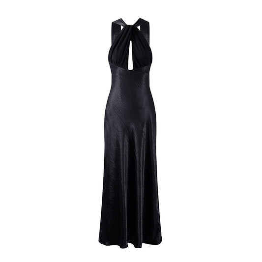 Sexy Twisted Strap Keyhole Ruched Bodice Maxi Dress Chic Satin Sleeveless Halter Neck Mermaid Long Dress AP7196