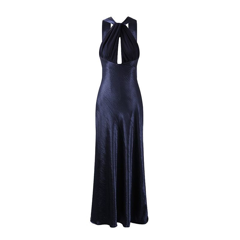 Sexy Twisted Strap Keyhole Ruched Bodice Maxi Dress Chic Satin Sleeveless Halter Neck Mermaid Long Dress AP7196