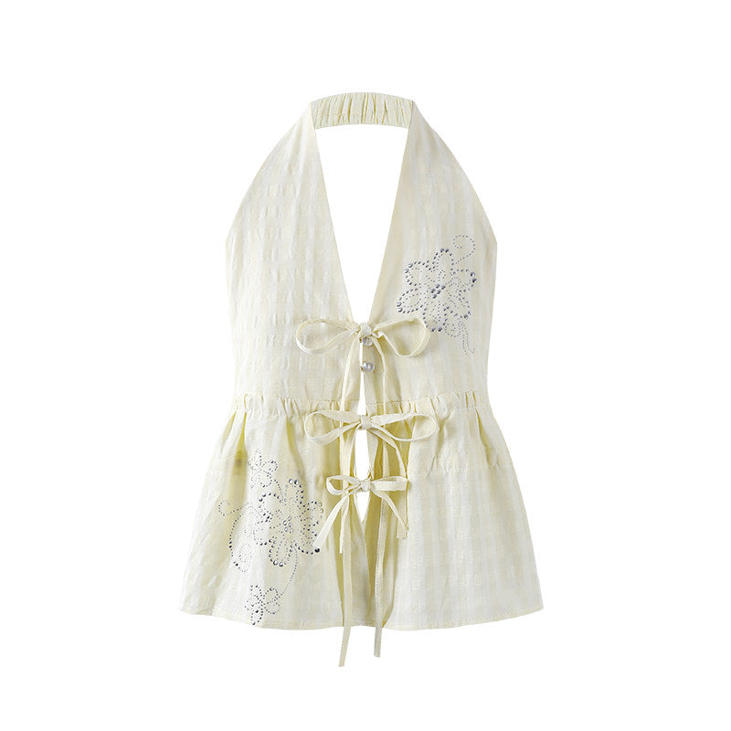 Vogue Tie Bow Eyelet Lace Mini Skirt Elegant Ivory Halter Peplum Top Two Piece Sheath Short Dress AP7197