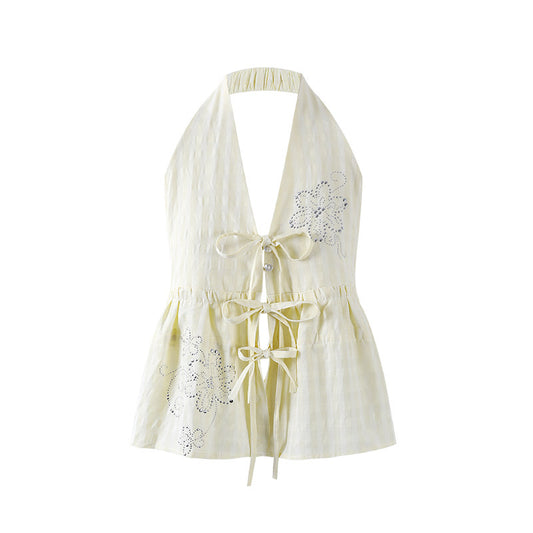 Vogue Tie Bow Eyelet Lace Mini Skirt Elegant Ivory Halter Peplum Top Two Piece Sheath Short Dress AP7197
