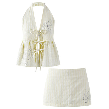 Vogue Tie Bow Eyelet Lace Mini Skirt Elegant Ivory Halter Peplum Top Two Piece Sheath Short Dress AP7197