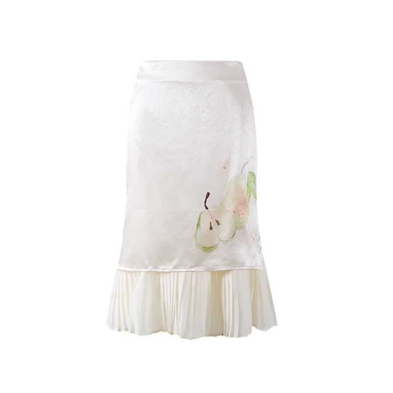 Coquette White Two-Piece Outfit Midi Dress Lace V-Neck Pear Print Pleated Midi Skirt AP7198