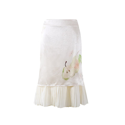 Coquette White Two-Piece Outfit Midi Dress Lace V-Neck Pear Print Pleated Midi Skirt AP7198