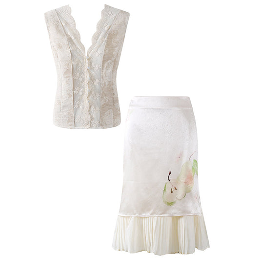 Coquette White Two-Piece Outfit Midi Dress Lace V-Neck Pear Print Pleated Midi Skirt AP7198