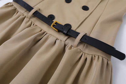 Modern Ruffled Hem V Neck A-Line Mini Skirt Vintage Khaki Belted Waist Short Dress AP7199